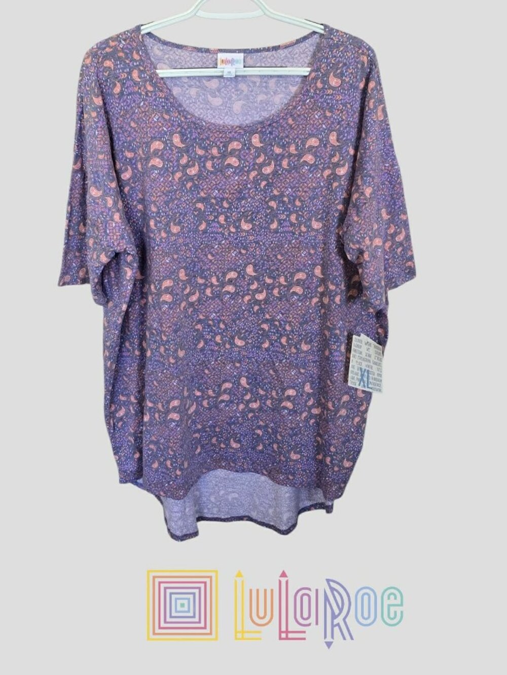 Lularoe Irma Purple TUnic Top Paisley Print High Low Hem Top Womens XL NEW